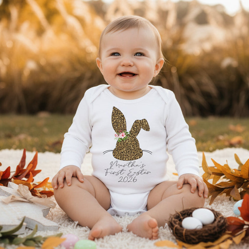 baby girl first easter outfit personalised leopard bunny onesie with name and year australia