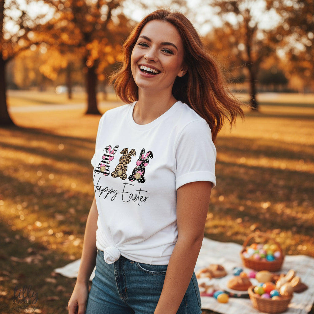 Womens Easter shirt Australia with Happy Easter text and bunny trio print