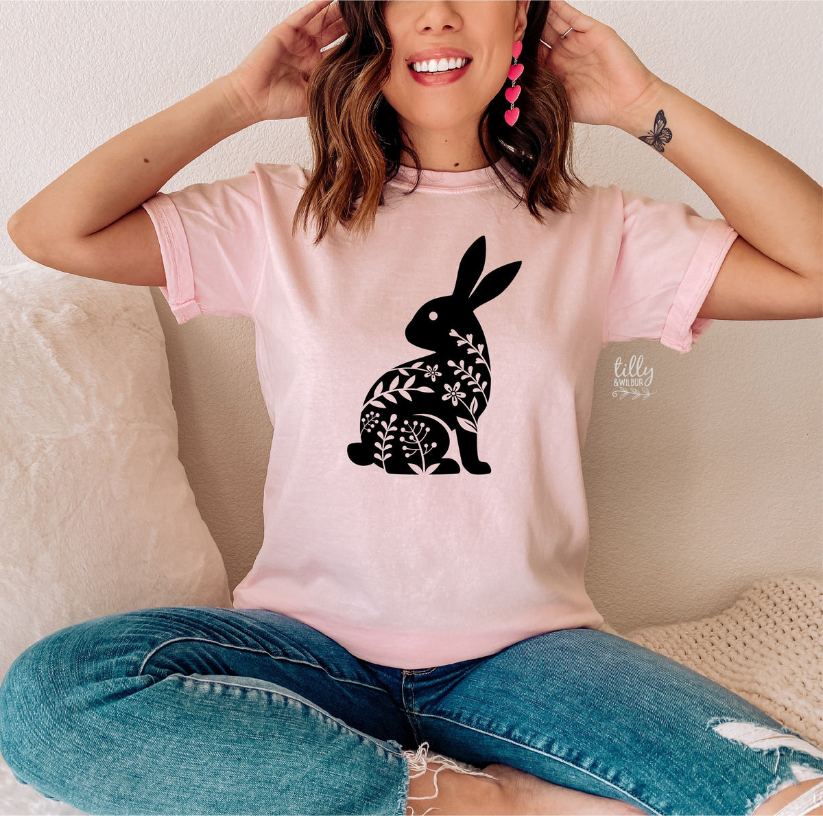 Easter T-Shirt For Women, Bunny Rabbit Silhouette Print, Easter Bunny Shirt, Easter Egg Hunt, Easter Gift, Women&#39;s Easter T-Shirt Gift