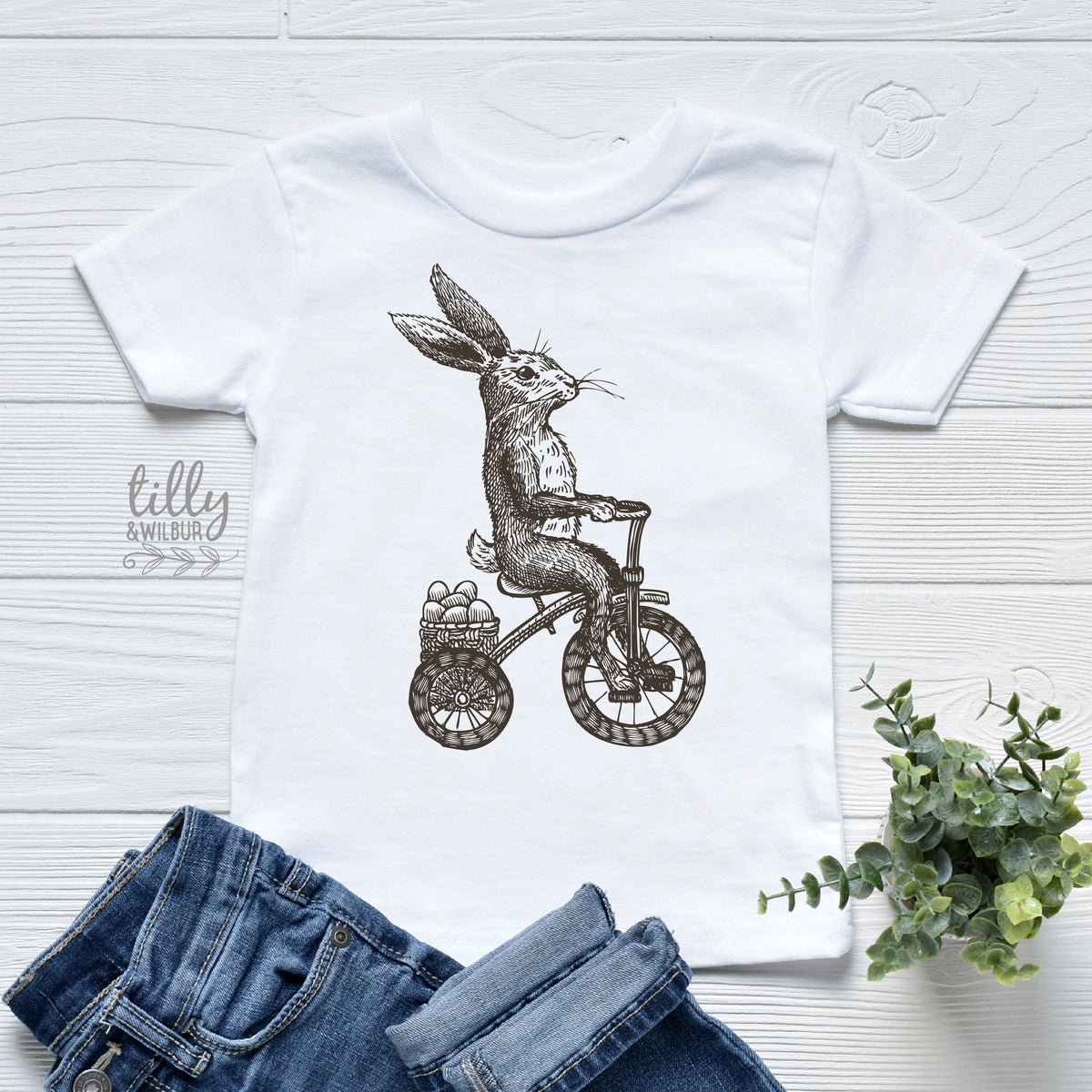 Easter T-Shirt, Kid&#39;s Easter T-Shirt, Easter Egg Hunt T-Shirt, Boys Easter Gift, Youth Easter Outfit, Vintage Rabbit On Bicycle Illustration