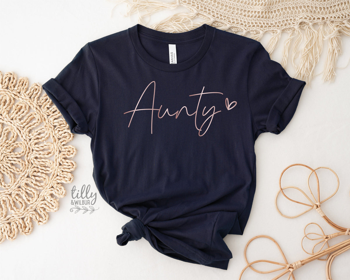 Aunty T-Shirt, Pregnancy Announcement T-Shirt, I&#39;m Going To Be An Aunty, Baby Shower, Aunty, Auntie, Sister Gift, Navy Blue With Rose Gold