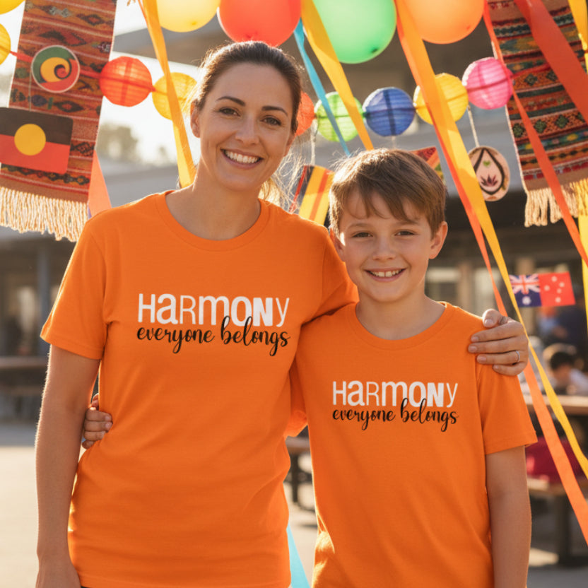 Harmony Day T-Shirt, Harmony Day - 21st March, Orange Harmony Day T-Shirt, Everyone Belongs, School T-Shirt, Babies, Kids, Womens And Mens