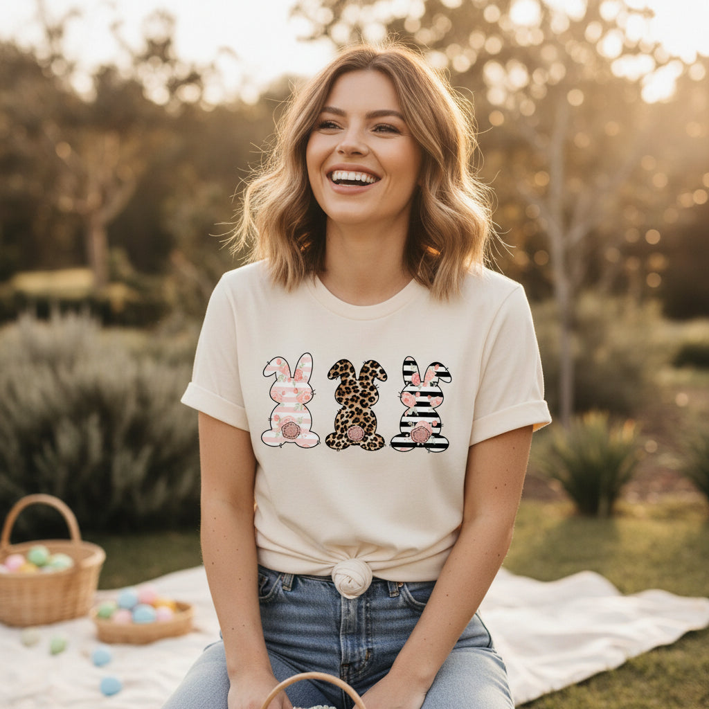 Easter T-Shirt, Rabbit T-Shirt, Bunny T-Shirt, Leopard Print, Polka Dot And Striped Bunny Rabbit Print, Easter Bunny Shirt, Easter Gift