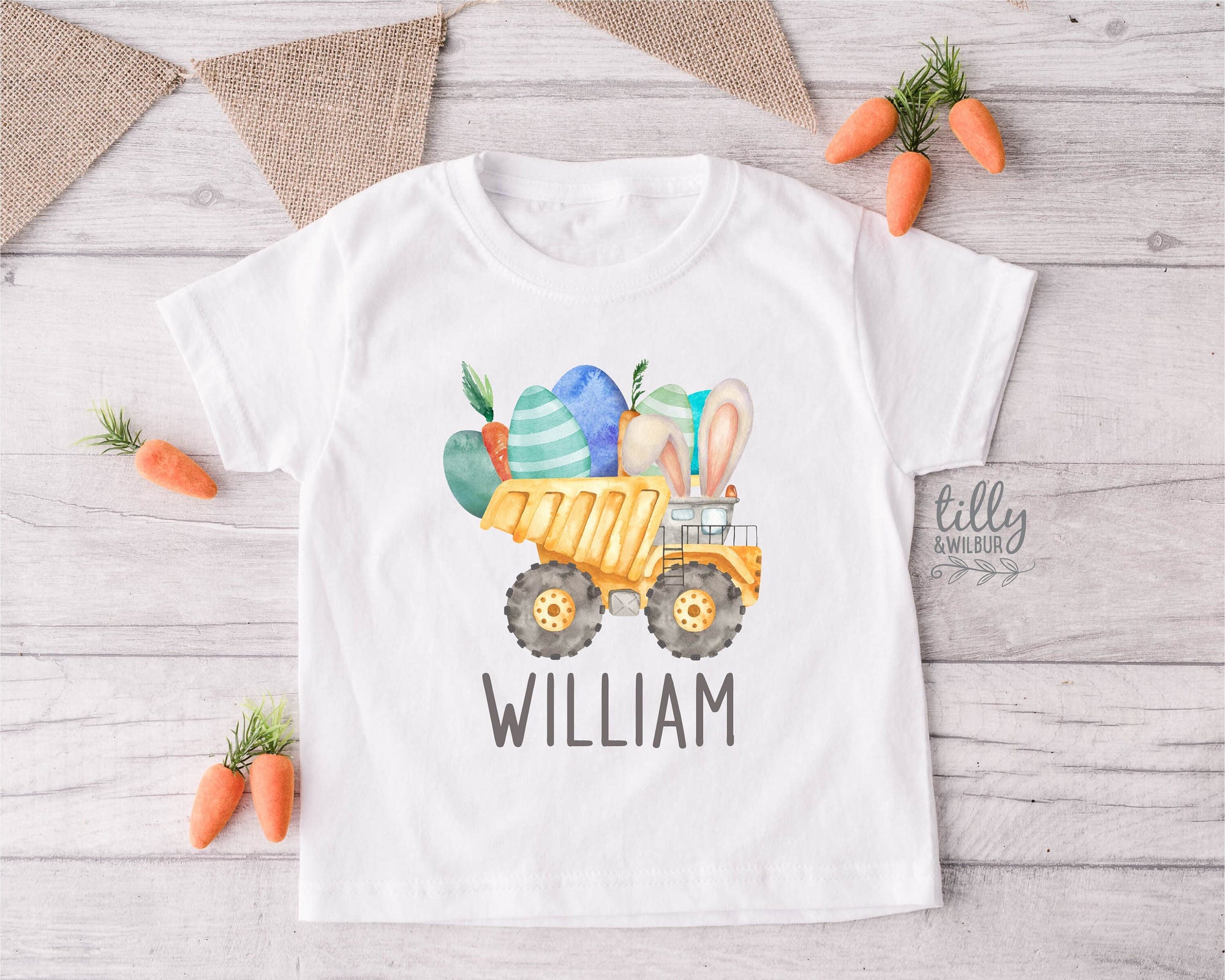 Easter T-Shirt With Name, Personalised Easter T-Shirt, Construction, Easter Dump Truck, Dump Truck With Carrots, Watercolor Easter Design