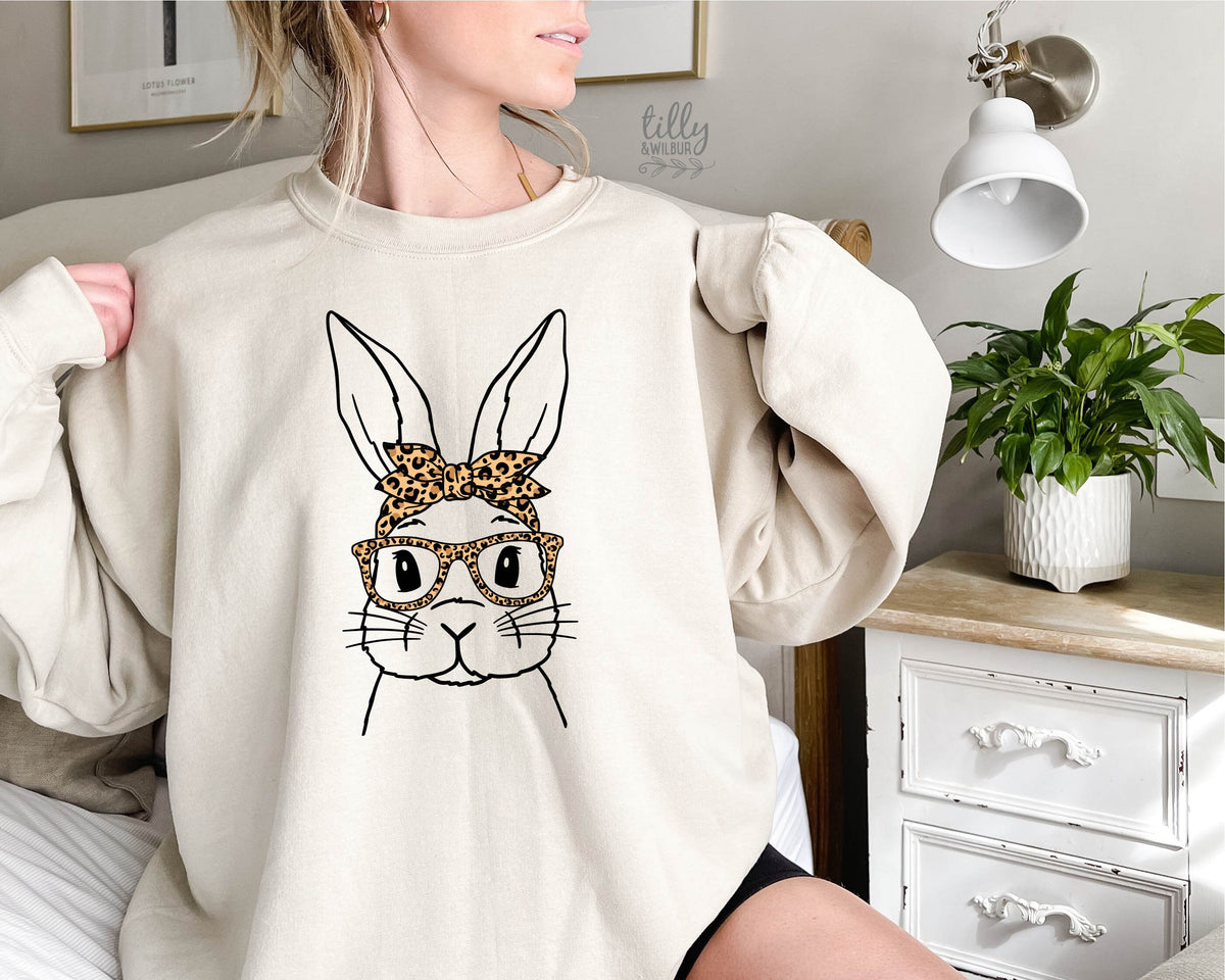 Easter Jumper, Leopard Print Bow Rabbit Design, Easter Bunny Sweatshirt, Easter Egg Hunt, Easter Gift, Women&#39;s Easter Gift, Easter Pullover