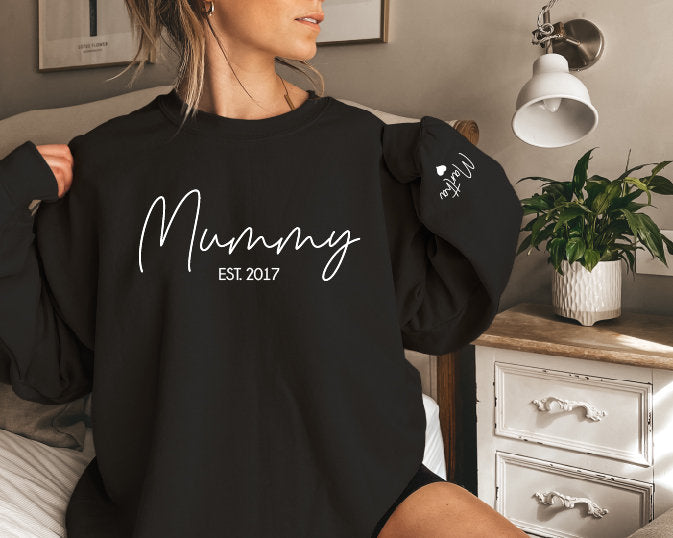 Mummy Sweatshirt With Date And Name On Sleeve, Mama Est Sweatshirt, Mothers Day Gift, Personalised Mum Gift, Mum Life Jumper, New Mum Gift