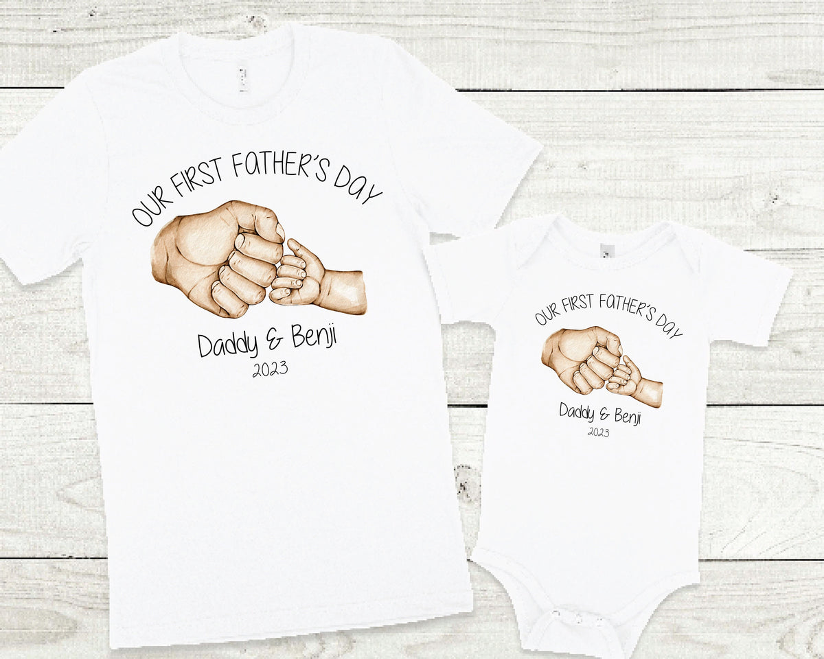 Our First Father&#39;s Day 2023 Matching Set, Personalised Happy 1st Father&#39;s Day, Matching Father&#39;s Day Outfits, 1st Father&#39;s Day Baby Gift