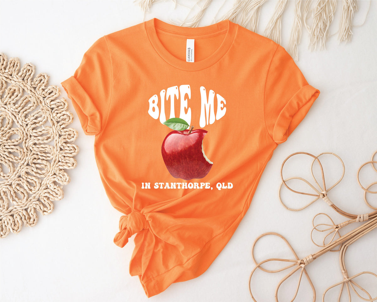 Bite Me in Stanthorpe, QLD Australia T-Shirt, Stanthorpe Apples, Stanthorpe T-Shirt, Stanthorpe Women&#39;s Tee, Australian T-shirt, Fun Fruit