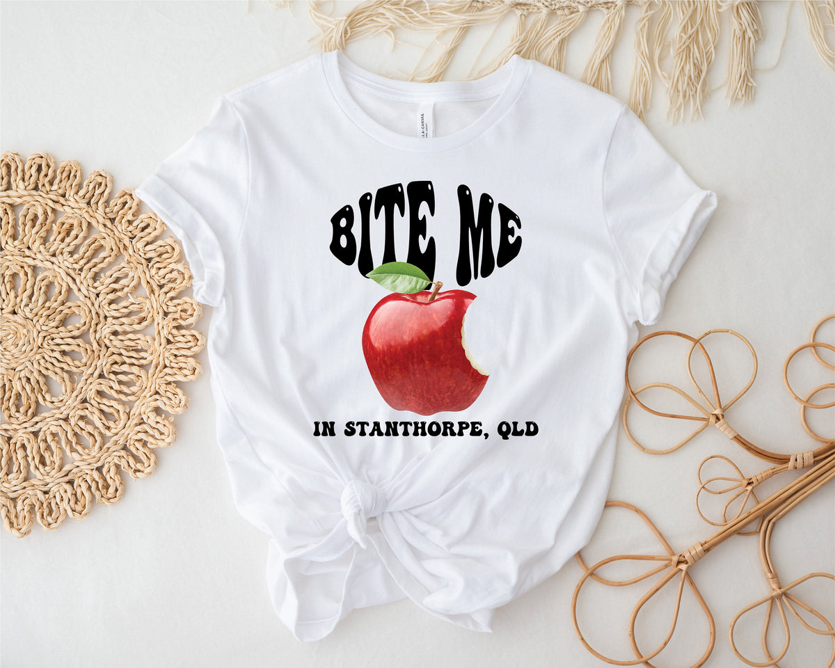 Bite Me in Stanthorpe, QLD Australia T-Shirt, Stanthorpe Apples, Stanthorpe T-Shirt, Stanthorpe Women&#39;s Tee, Australian T-shirt, Fun Fruit