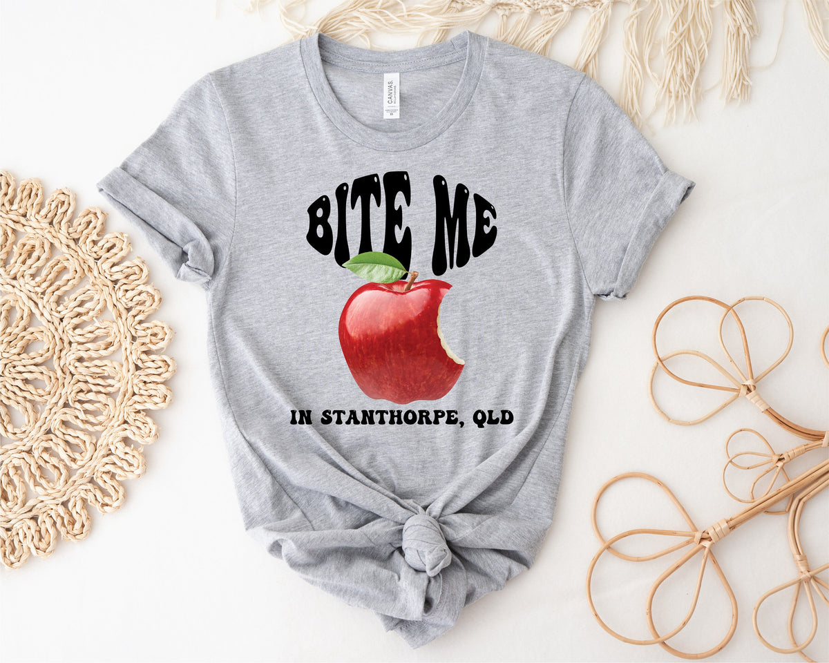 Bite Me in Stanthorpe, QLD Australia T-Shirt, Stanthorpe Apples, Stanthorpe T-Shirt, Stanthorpe Women&#39;s Tee, Australian T-shirt, Fun Fruit