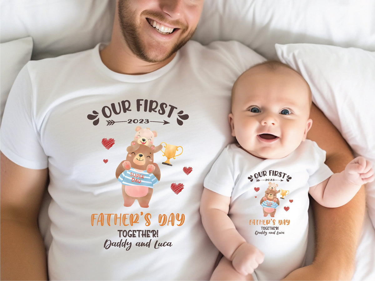 Our First Father&#39;s Day 2023 Baby Bodysuit And Dad T-Shirt With Names, Happy 1st Father&#39;s Day, Fathers Day Baby, First Fathers Day Baby Gift