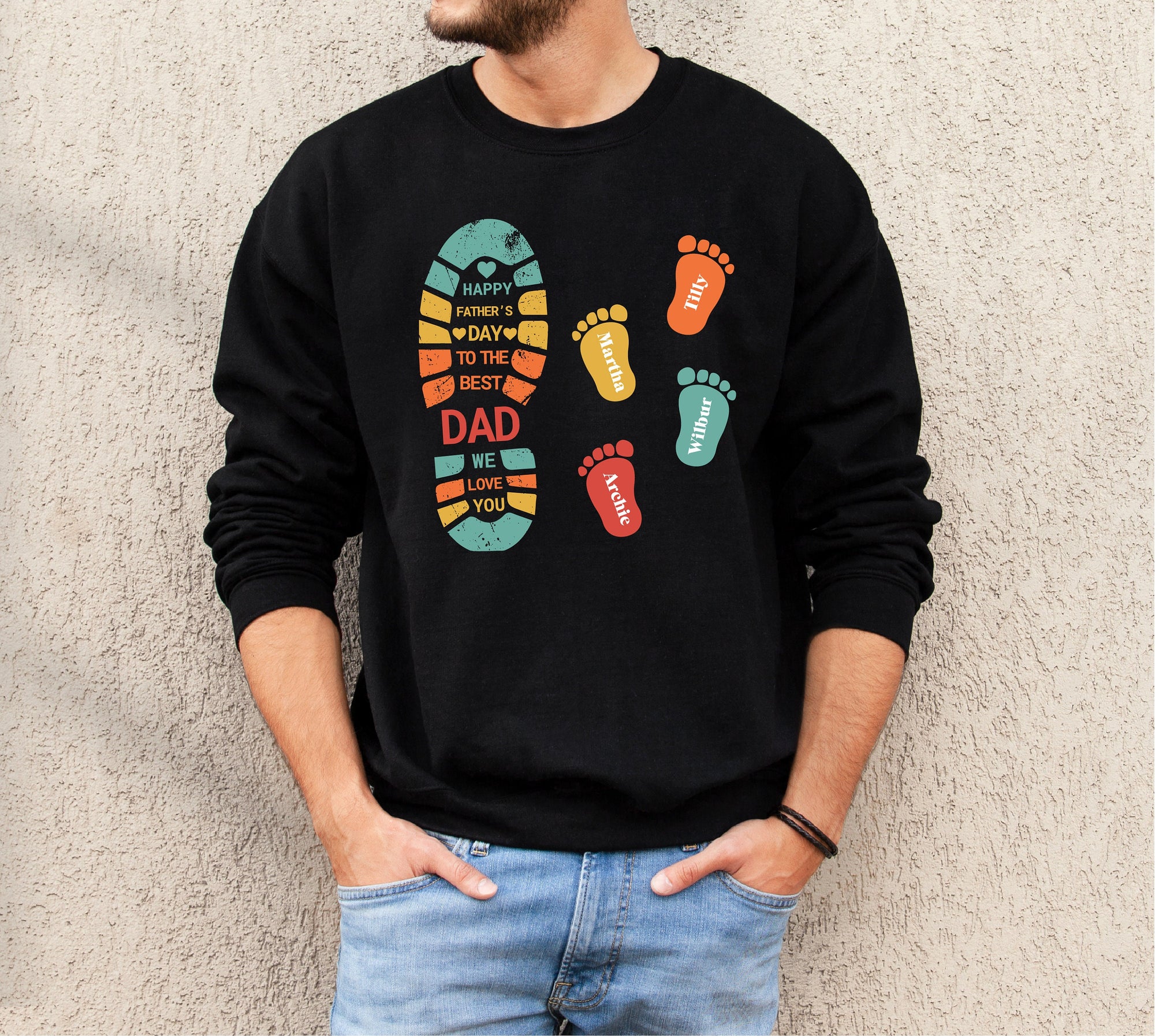 Happy Father's Day To The Best Dad We Love You, Personalized Dad And Children, Father Child Footprints, Dad Kid Footprint, Dad Sweatshirt