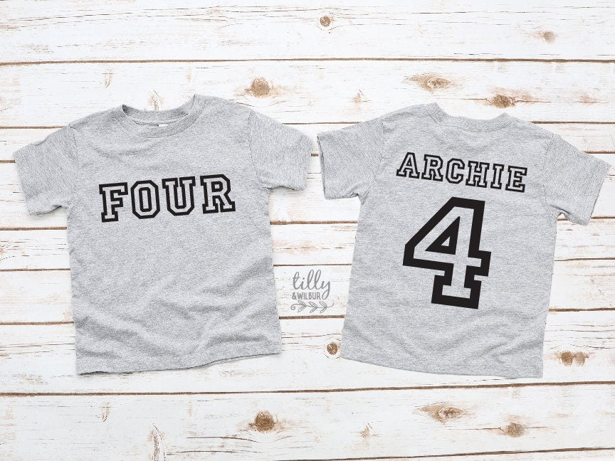 Four Personalised 4th Birthday T-Shirt, 4th Birthday Gift, 4 Birthday Tee, Name And Number 4 On Back Of Shirt, I Am 4, 4 Today, Boys &amp; Girls